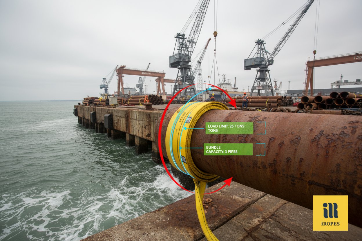 尼龙扼流吊带在120度吊装中围绕海上管道的图示，用箭头说明角度测量、织带张力线和负载重量指示，在码头场景中伴随海浪