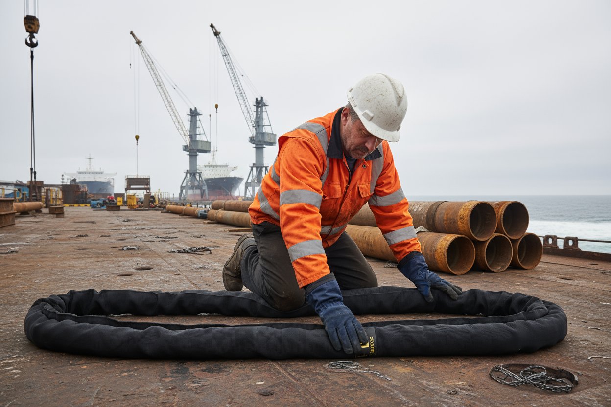 吊工在船厂甲板上检查尼龙扼流吊带，手指沿织带探查切口和磨损，靠近盘绕管道，在阴天天空下伴随远处起重机和海沫