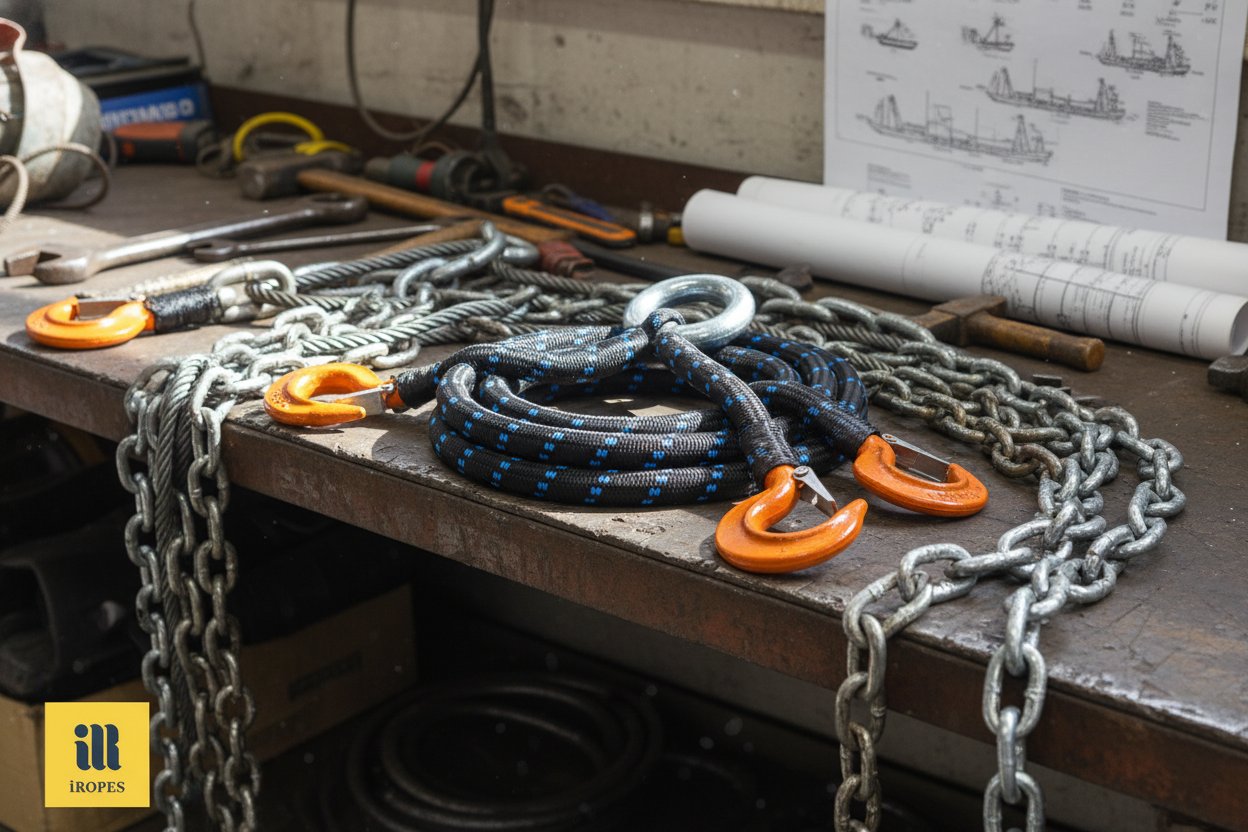 Plan apropiat al diverselor curele cu furcă cu 4 brațe în nailon, sârmă și lanț, afișate pe o masă de atelier cu inele principale și cârlige atașate, sub iluminare puternică pentru a arăta texturi, culori și calitate robustă de construcție pentru uz marin.