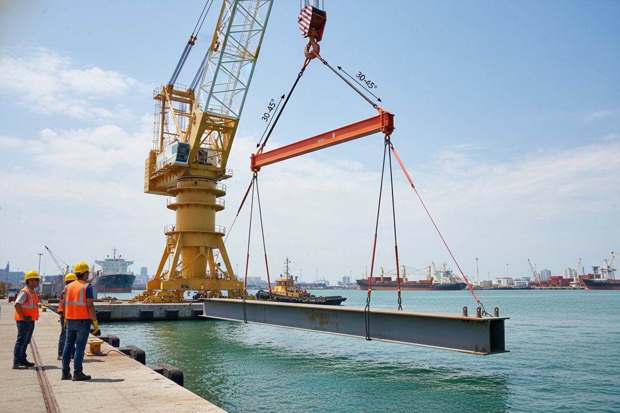 Ilustrație a curelelor de ridicare cu 4 brațe în acțiune în timpul unei ridicări marine, arătând brațe reglabile și o bară de distribuție împărțind sarcina uniform pe patru puncte ale unei grinzi grele de oțel deasupra apei, cu măsurători de unghi marcate și linii de tensiune în culori contrastante pentru a arăta forța echilibrată.