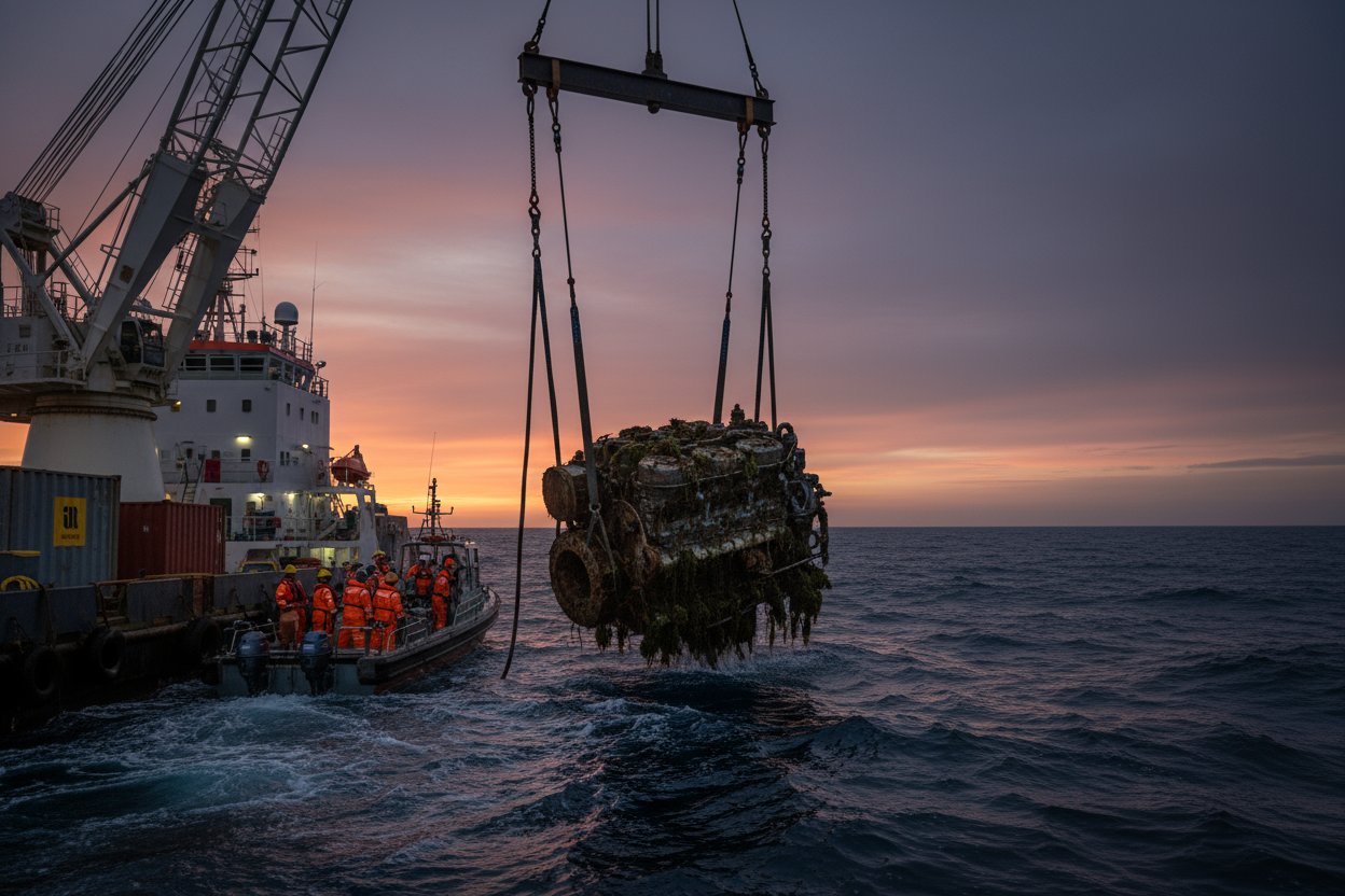 Scenă dramatică a unei operațiuni de salvaj a unei nave la apus, cu o macara ridicând un bloc motor mare din apele oceanului tulburi folosind patru brațe din sârmă egalizate conectate la o bară de distribuție, lucrători în echipament de siguranță monitorizând de pe o barcă din apropiere, valuri împroșcând împotriva corpului și tensiune vizibilă în liniile de rigging.