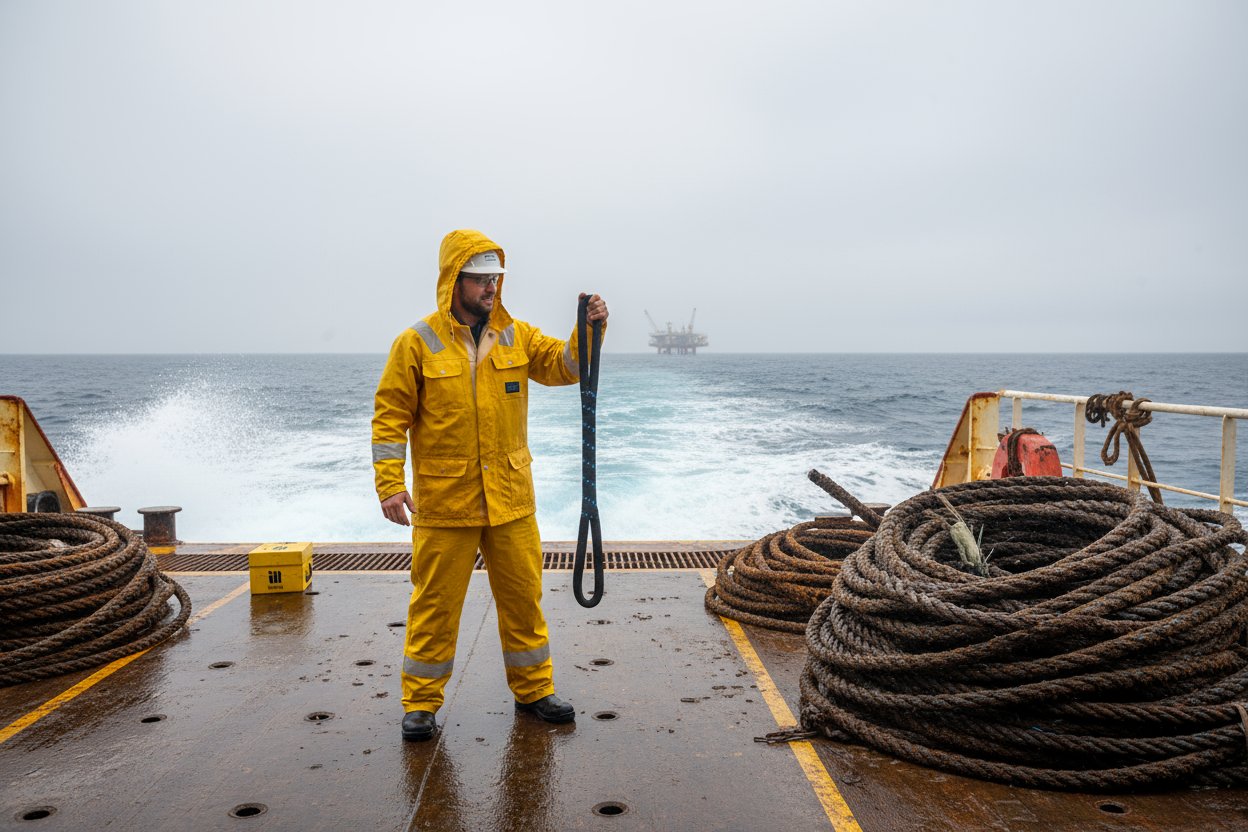 Ma'aikacin teku yana sarrafa sling ɗin igiyar roba mai sauƙi a kan teburin jirgin ruwa a cikin raɓin teku, tare da bambanci da igiyoyin ƙarfe masu nauyi da aka naura kusa, suna jaddada sauƙi da aminci a yanayin jir