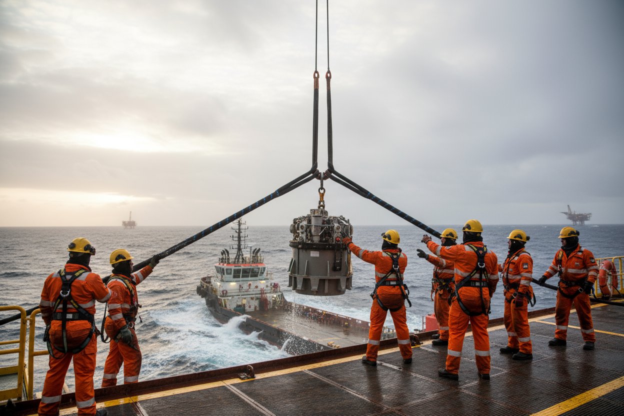 Ƙungiyar dandamali na teku suna amfani da igiyar sling a cikin choker hitch don ɗaukar kayan aiki na ƙarƙashin ruwa daga jirgin ruwa na wadata a kan teku mai banƙyama da dandamali masu nisa, suna nuna rigging mai ƙarfi da haɗin kai na ƙungiya