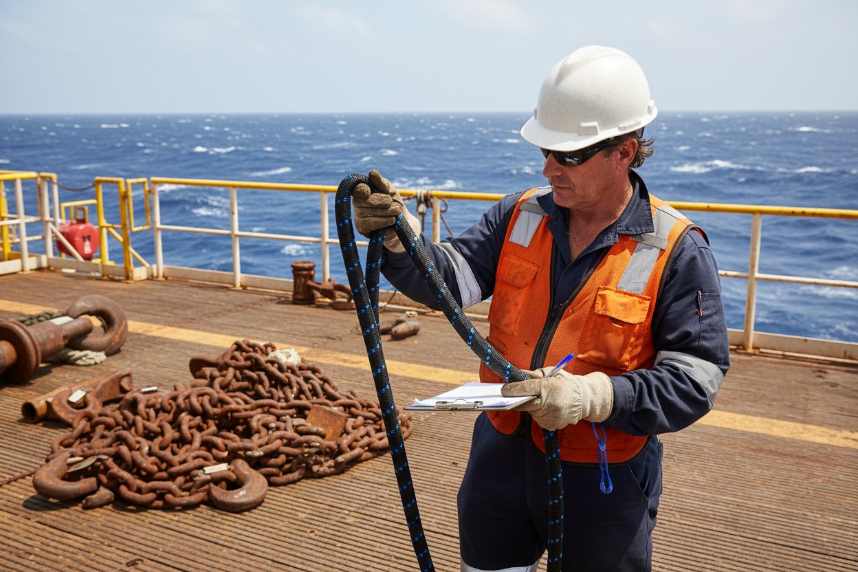 Mawaki a kan dandamali na teku yana yin binciken taɓawa a kan sling ɗin hanyoyi biyu, yana lankwasa shi a ƙarƙashin hasken rana don bayyana bayanan murfi kuma yana amfani da lissafin don bincike mai tsari a cikin kayan aikin rigging