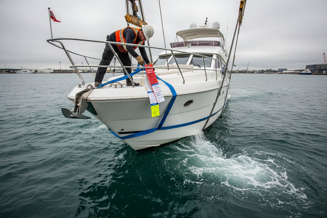 Overhead shot of a marine crane operator securing a synthetic web sling around a yacht hull during a lift from choppy water, with color-coded tags visible on the blue polyester strap forming a choker hitch, waves splashing nearby under cloudy skies, emphasizing secure attachment and careful handling.