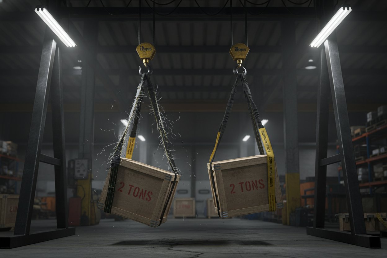 تصویر نزدیک از تسمه‌های بالابر تقلبی که زیر بار شکست می‌خورند در مقایسه با مدل‌های واقعی پرقدرت در انبار، برجسته کردن لبه‌های پاره‌شده و دوخت ضعیف در تقلبی‌ها در برابر ساخت محکم در مدل‌های واقعی