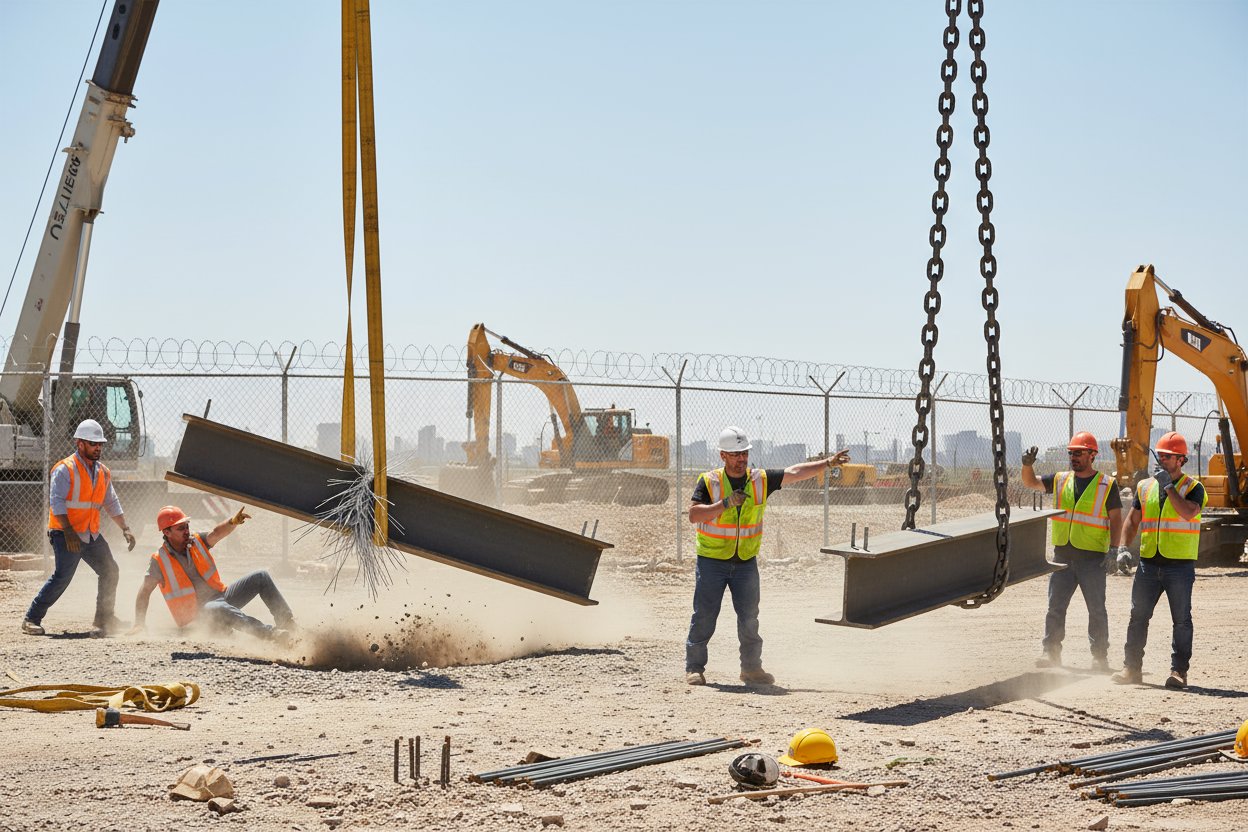 بلند کردن تجهیزات سنگین که اشتباه رفته با تسمه پاره‌شده در برابر بلند کردن ایمن موفق با تسمه زنجیری بادوام در سایت ساختمانی، نشان‌دهنده الیاف پاره‌شده و rigging سالم در محیط ناهموار بیرونی