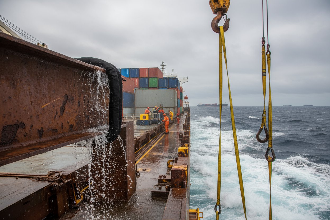 جہاز کے ڈیک پر عارضی بحری سامان اٹھانے کے دوران سٹیل بیم کنارے سے لگا ہوا مقناطیسی سِلنگ حفاظتی، جو سمندری چھینٹوں اور خشن لہروں کے بیچ مقناطیس کی گرفت کو ظاہر کرتا ہے قریب ویب سِلنگ کے ساتھ