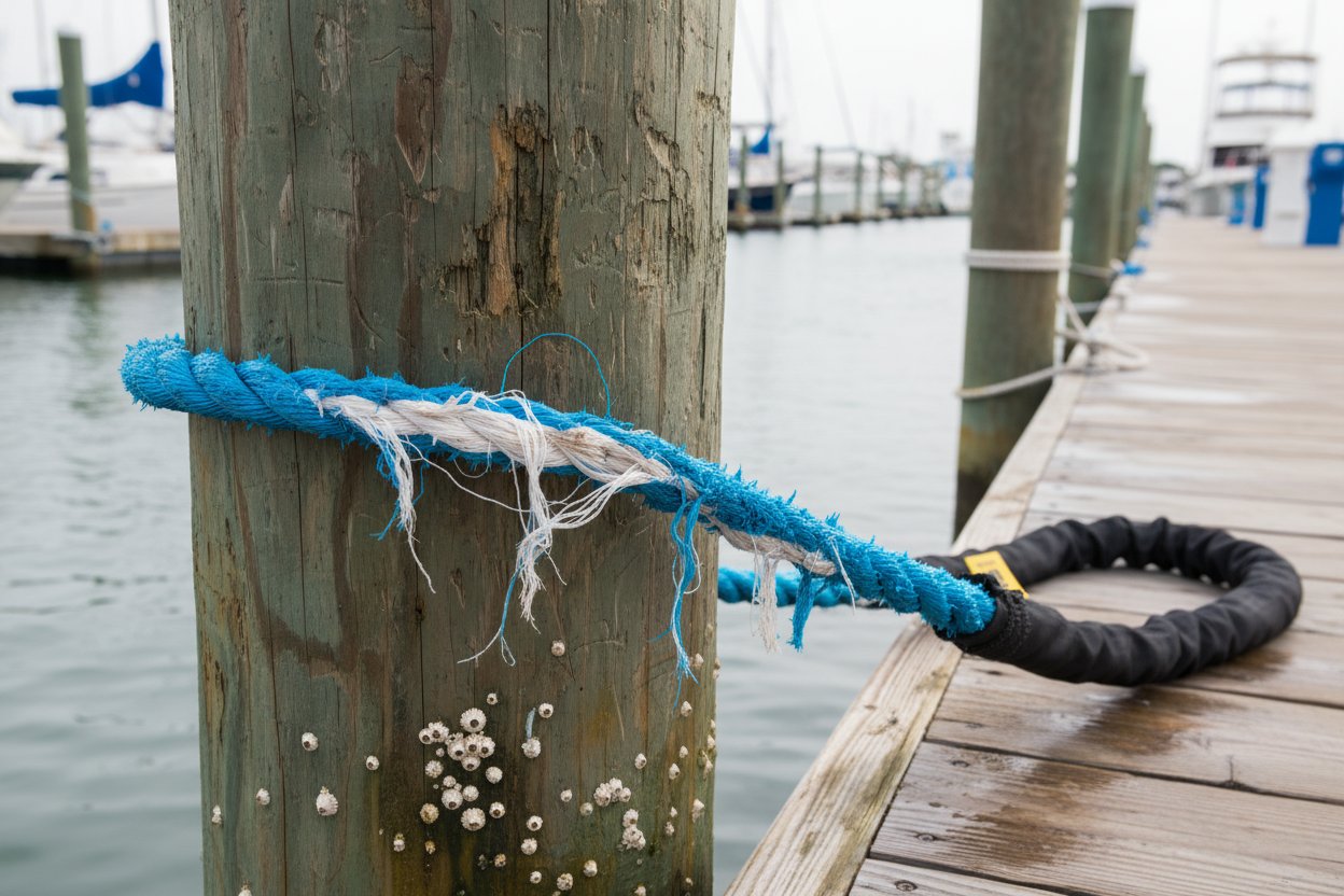 Close-up of a severely chafed mooring rope showing frayed fibres against a rough piling, with visible breaks in the outer sheath and inner core exposure in blue nylon material under saltwater conditions