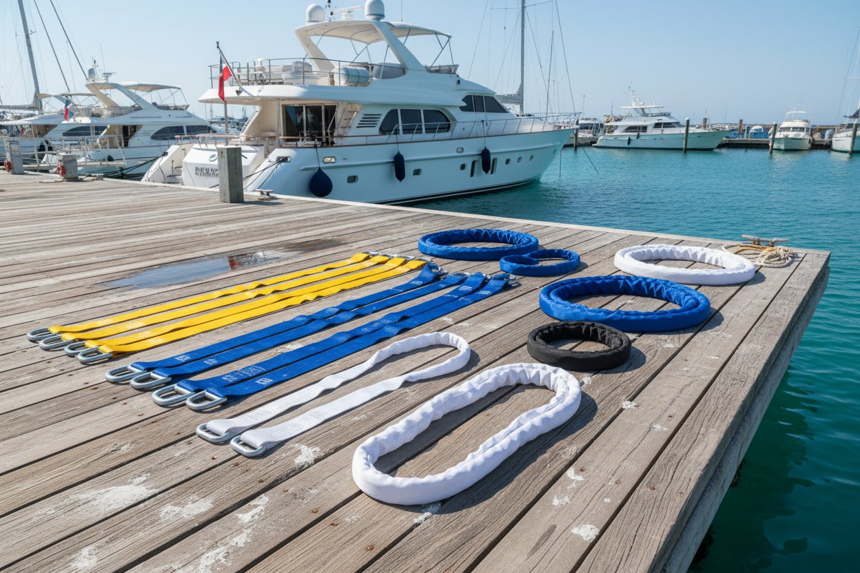 Assortment of web sling types including simplex, duplex, endless loops, and eye-and-eye configurations laid out on a marine dock with saltwater reflections and boat rigging in the background for context in yachting applications