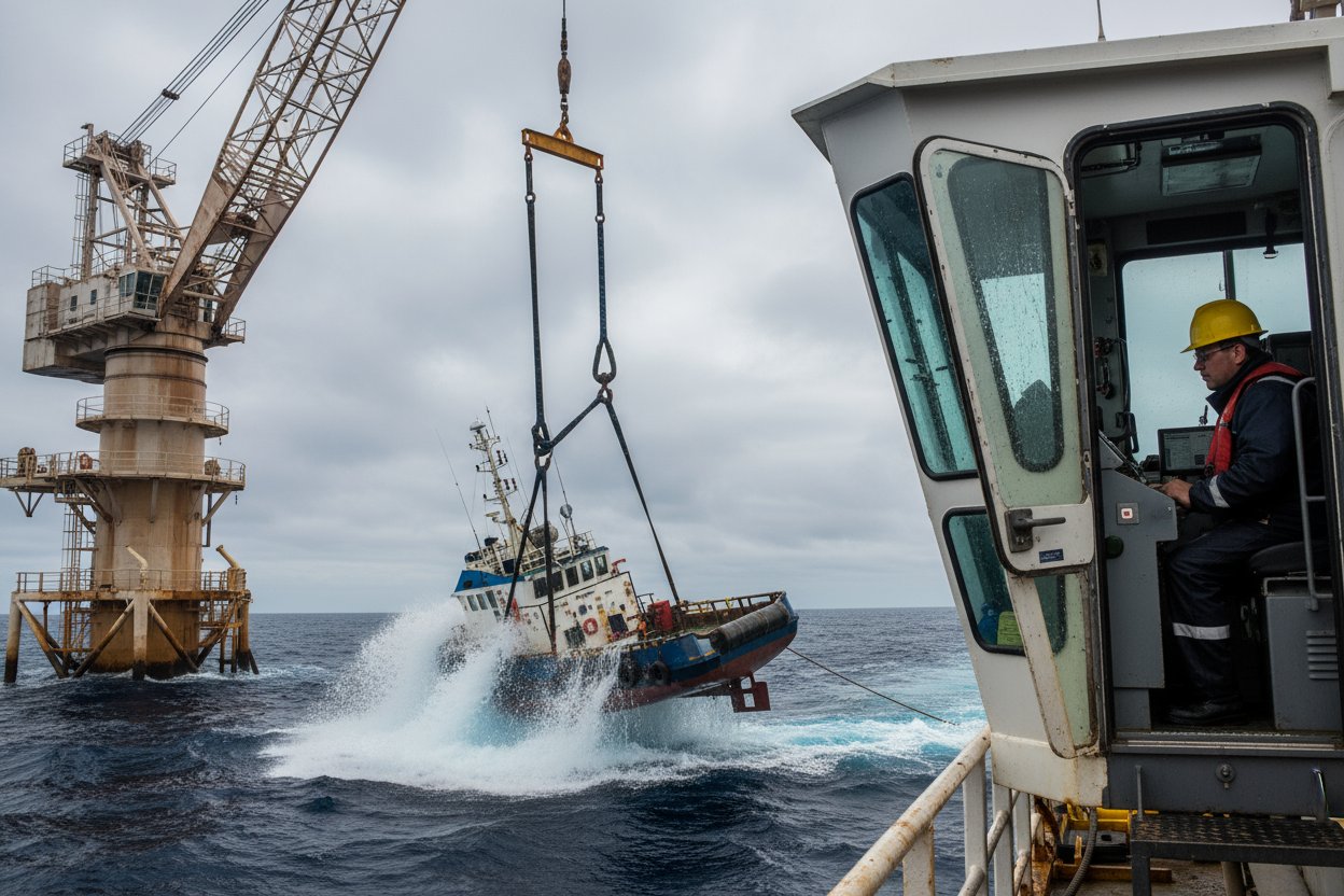 Two lifting straps attached to a tilting vessel during a marine lift, illustrating uneven tension and wave-induced twist on polyester webbing, with crane operator adjusting amid turbulent sea spray and overcast skies