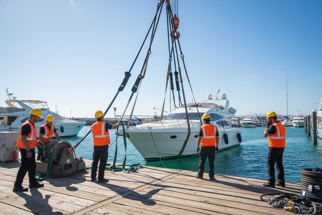 Custom iRopes lifting straps with thimbles and protective sleeves rigged on a yacht crane, displaying branded tags and even spacing amid a bustling marina dock with tools and crew in safety gear under clear skies