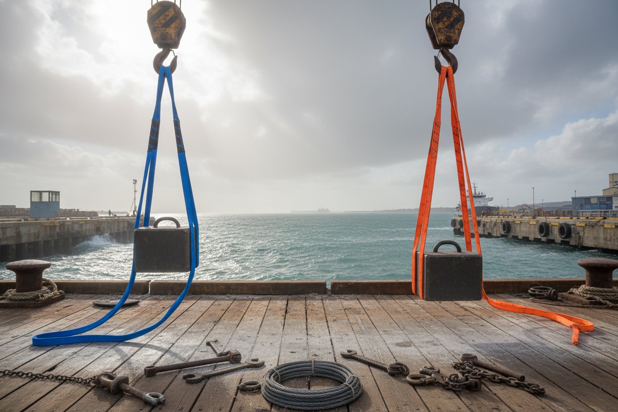Side-by-side view of nylon and polyester 4 leg webbing slings coiled on a shipyard dock, nylon showing slight stretch under test load while polyester remains taut, with rusted crane and ocean backdrop for marine context