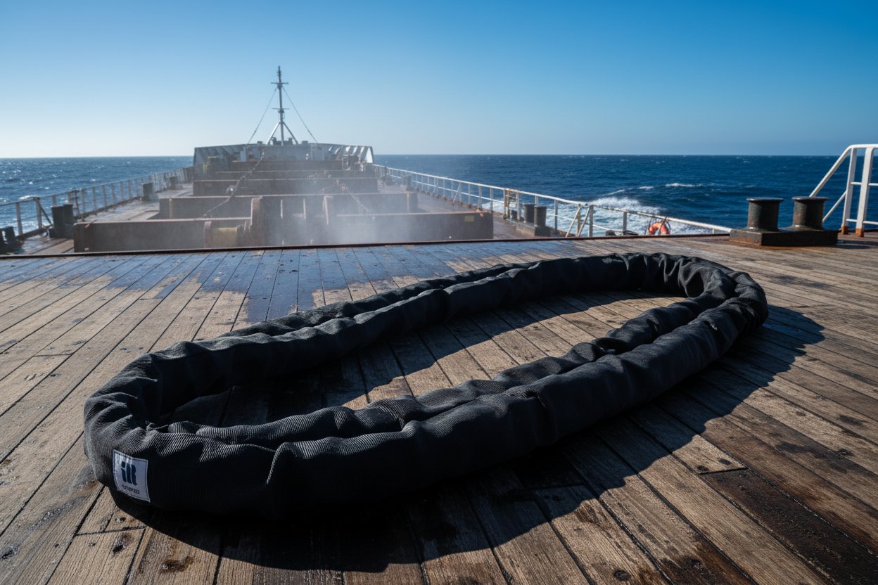 Polyester endless round sling enduring sunlight on a marine vessel deck, showcasing its intact tubular jacket and core under UV exposure with ocean waves in the background