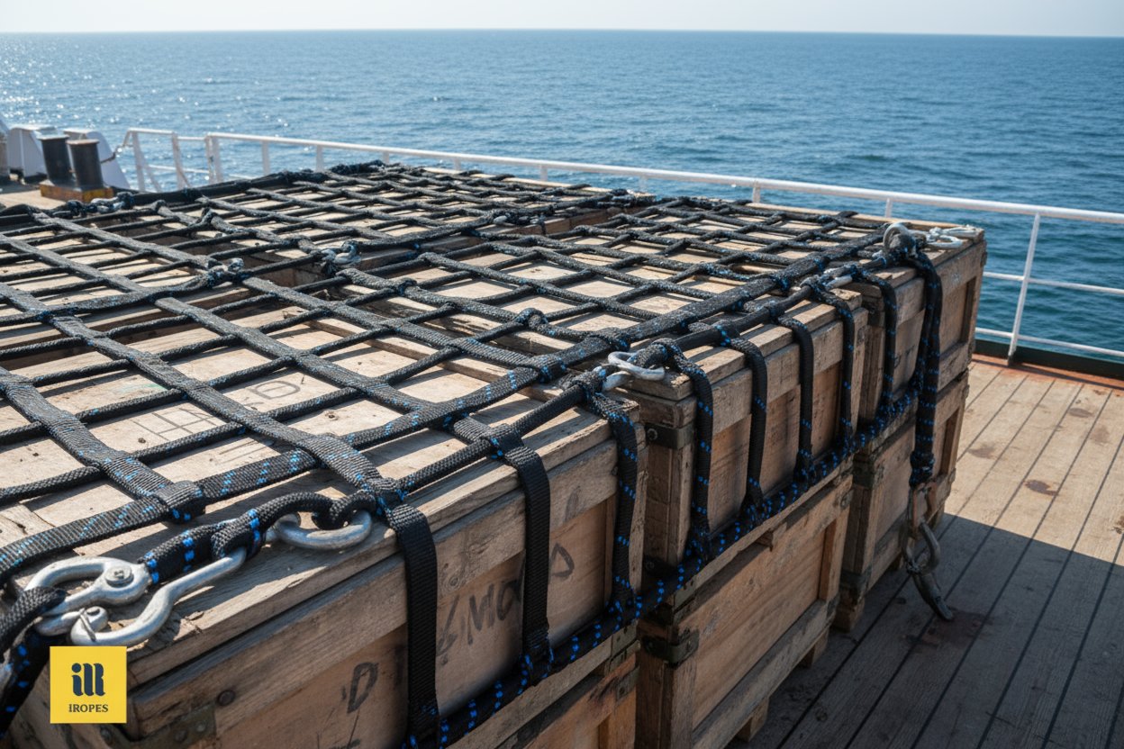 Detailed view of a nylon webbing cargo net with flat woven straps forming a tight mesh, edges reinforced with D-rings, spread over stacked crates on a ship's deck under sunny skies with ocean in background