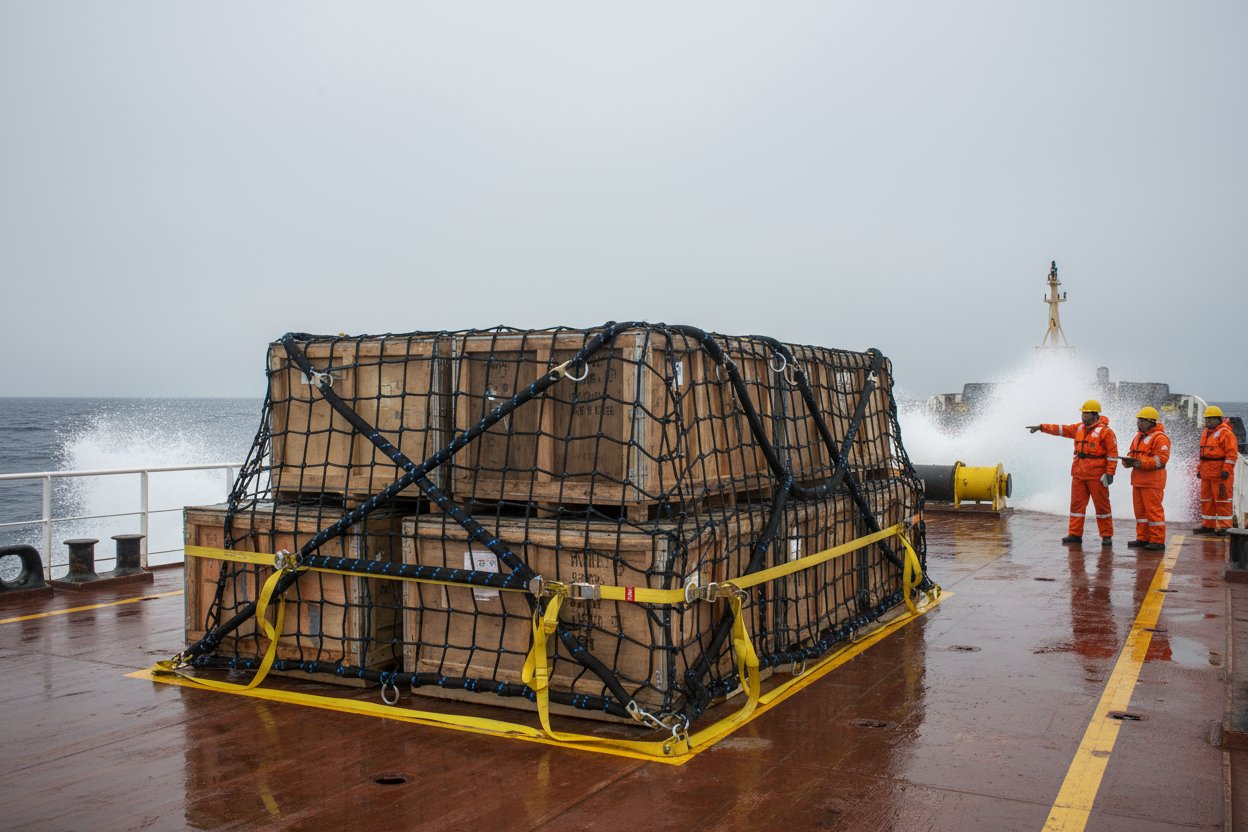Hybrid nylon webbing cargo net with integrated rope reinforcements securing stacked breakbulk crates on a ship's deck, D-rings connected to ratchet straps amid choppy seas and salt spray