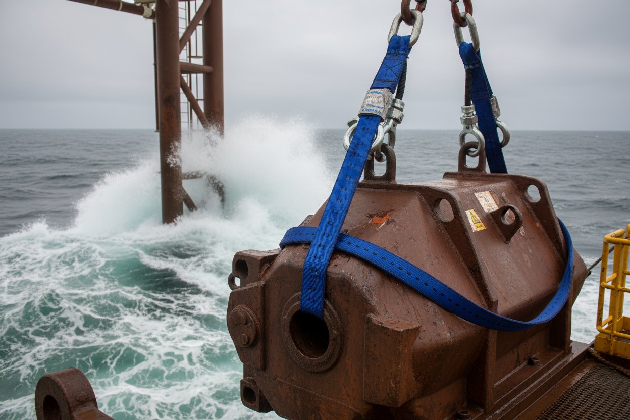 Detailed view of a twisted eye sling with 90-degree rotated loops on blue polyester webbing, shown wrapping around a marine load in a choker hitch on an offshore rig, emphasizing even seating and tension balance amid waves.