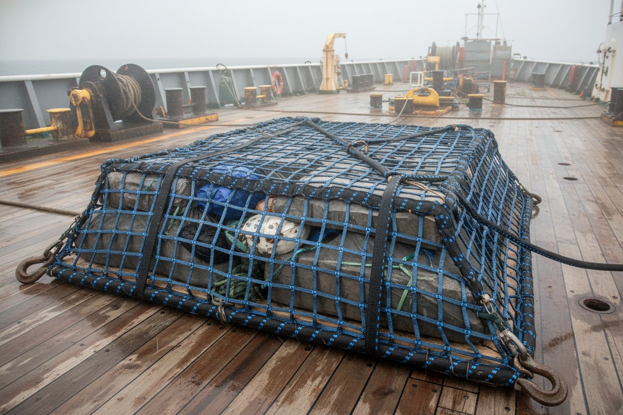 Close-up of a rigging net with 6x6 inch mesh securing irregular marine cargo on a ship deck, showing woven straps and reinforced edges in a salty ocean setting with blue hues and metallic equipment