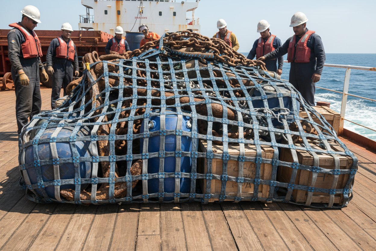 Webbing net made of polyester straps securing equipment bundles on a cargo ship deck amid ocean waves, with close view of UV-resistant material and low-stretch weave in blue and gray tones under sunlight