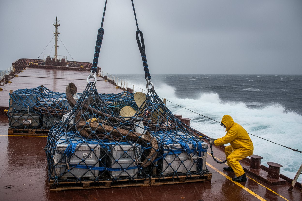 Custom net sling with thimbles and reinforced loops tailored for marine cargo lifting, showing adjustable mesh and branded colors securing irregular equipment bundles on a vessel in choppy waters with gray skies and foam