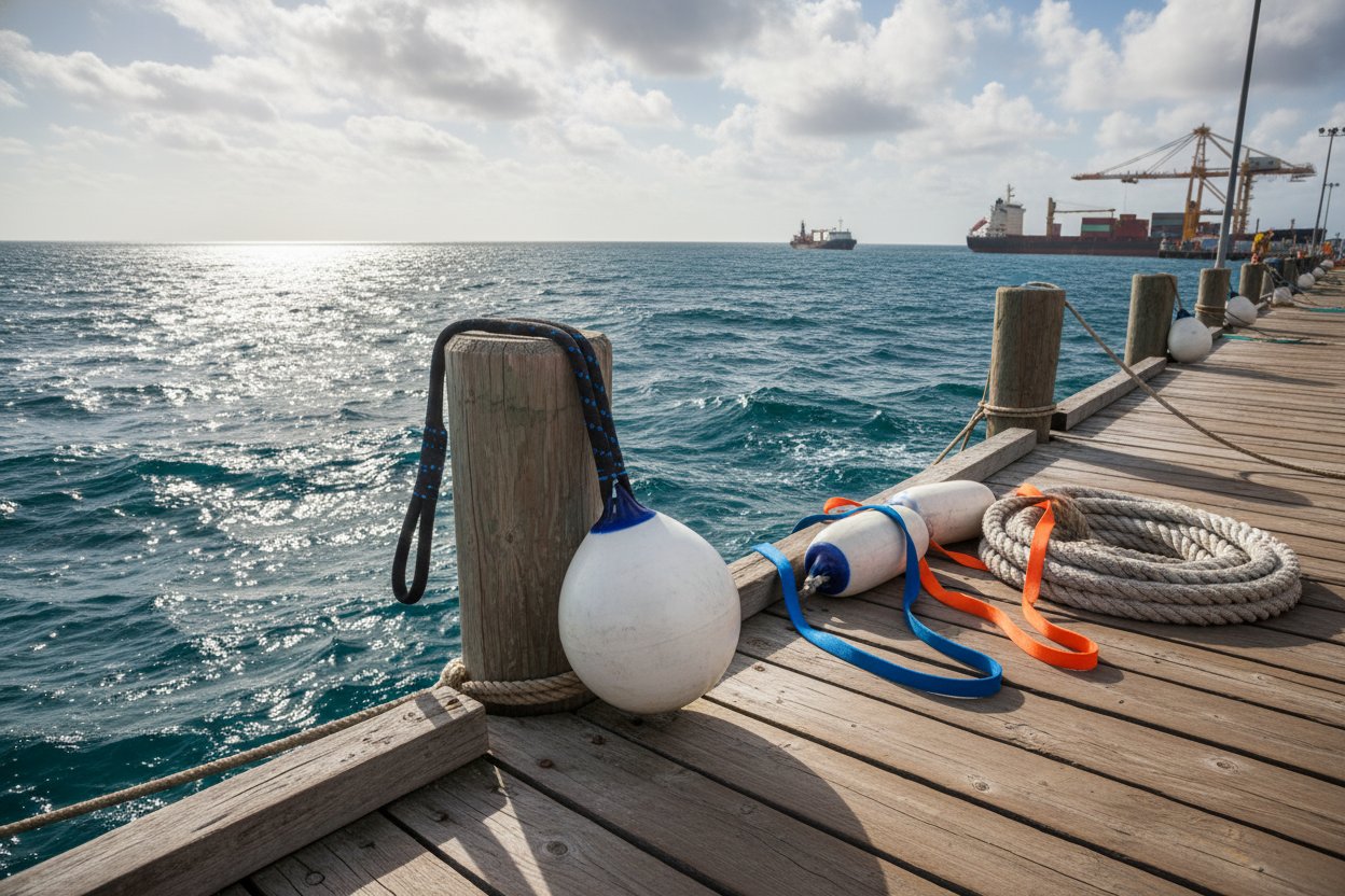 आई एंड आई, एंडलेस लूप और रिवर्स आई प्रकारों सहित विविध टेक्सटाइल स्लिंग कॉन्फिगुरेशंस, समुद्री कार्गो जैसे बुoys और नौका उपकरण पर लिपटी हुई, पुराने डॉक पर हिंद महासागर की लहरों के साथ पृष्ठभूमि में