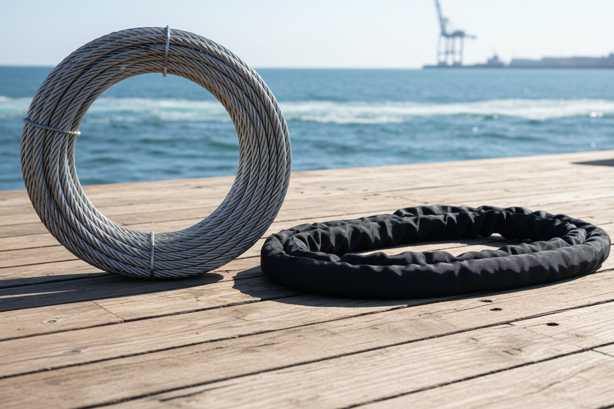 مقایسه نزدیک از سیم‌بکسل فولادی پیچیده شده در کنار طناب مصنوعی سبک Dyneema روی عرشه دریایی، نشان‌دهنده تفاوت‌های چشمگیر در ضخامت، درخشش و انعطاف‌پذیری زیر نور خورشید با امواج اقیانوس در پس‌زمینه