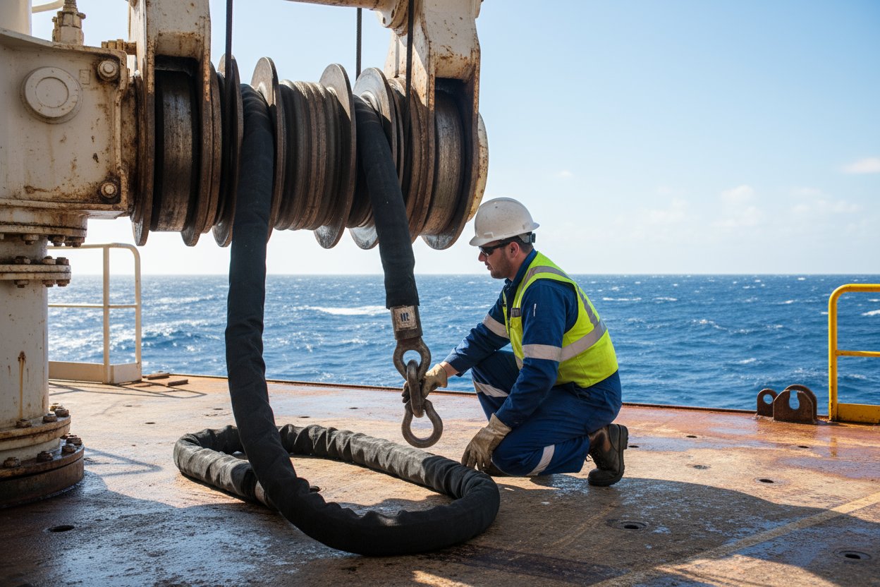 طناب بارگیری مصنوعی سفارشی در حال reeving از طریق sheave های جرثقیل دریایی روی سکو فراساحلی، نشان‌دهنده سازه braid دوگانه با terminations thimble در برابر افق دریایی نمکی و کارگر در حال بازرسی نزدیک