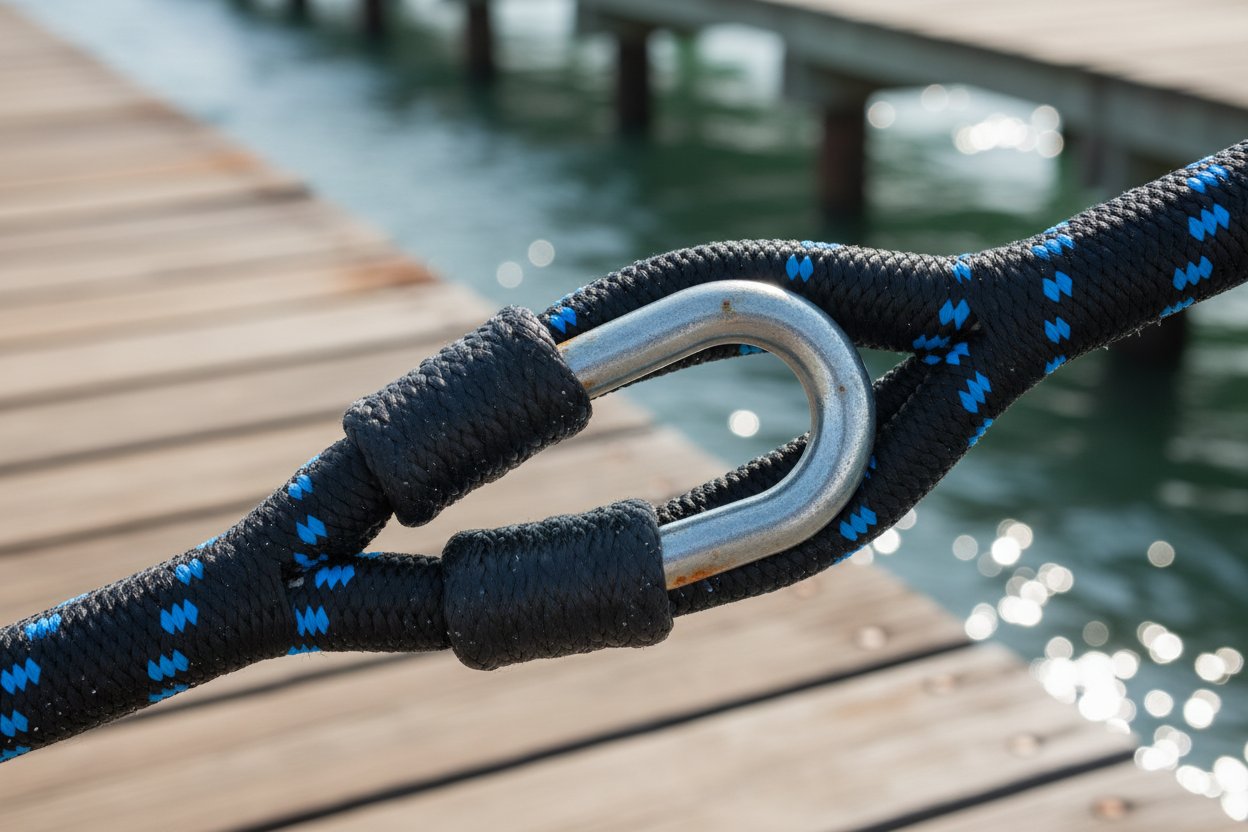 Крупный план стропа с наглазником, показывающий усиленную петлю, защищающую синтетическую веревку от коррозии соленой водой и тяжелых морских нагрузок, с видимой U-образной металлической вставкой, сохраняющей форму под натяжением