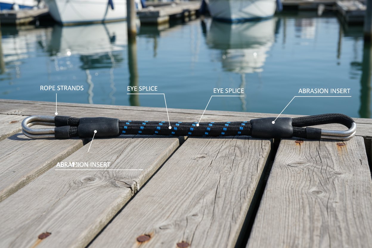 Подробная схема конфигурации стропа ушко-ушко с синтетической веревкой, двойными петлями с наглазниками и помеченными компонентами для морских подъемов, включая нити веревки, опрессовки петель и защитные вставки от истирания