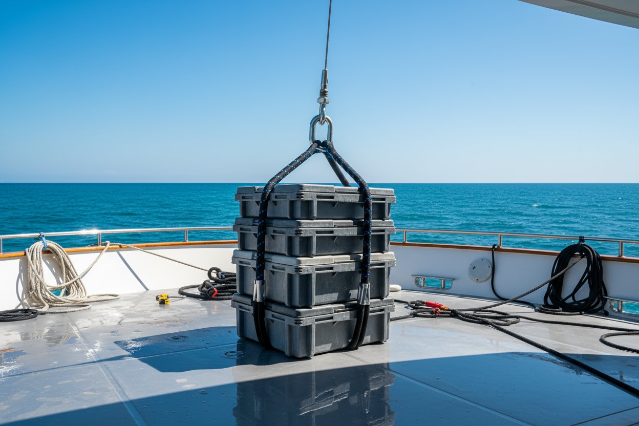 Строп с наглазником правильно установлен в корзиночном узле на палубе яхты, показывающий синтетическую веревку, обмотанную вокруг груза с наглазниками, защищающими от воздействия соленой воды и сжатия, под ясным голубым небом с видимыми соединениями скобами