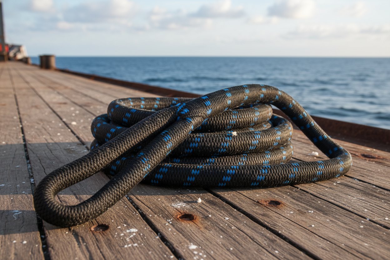 船舶のデッキに巻かれた耐久性のあるポリエステルウェブスリングのクローズアップ、アイ・ループと生地の織りを日光の下で示し、青みがかった色調と塩まみれの縁で強度と海洋準備を強調