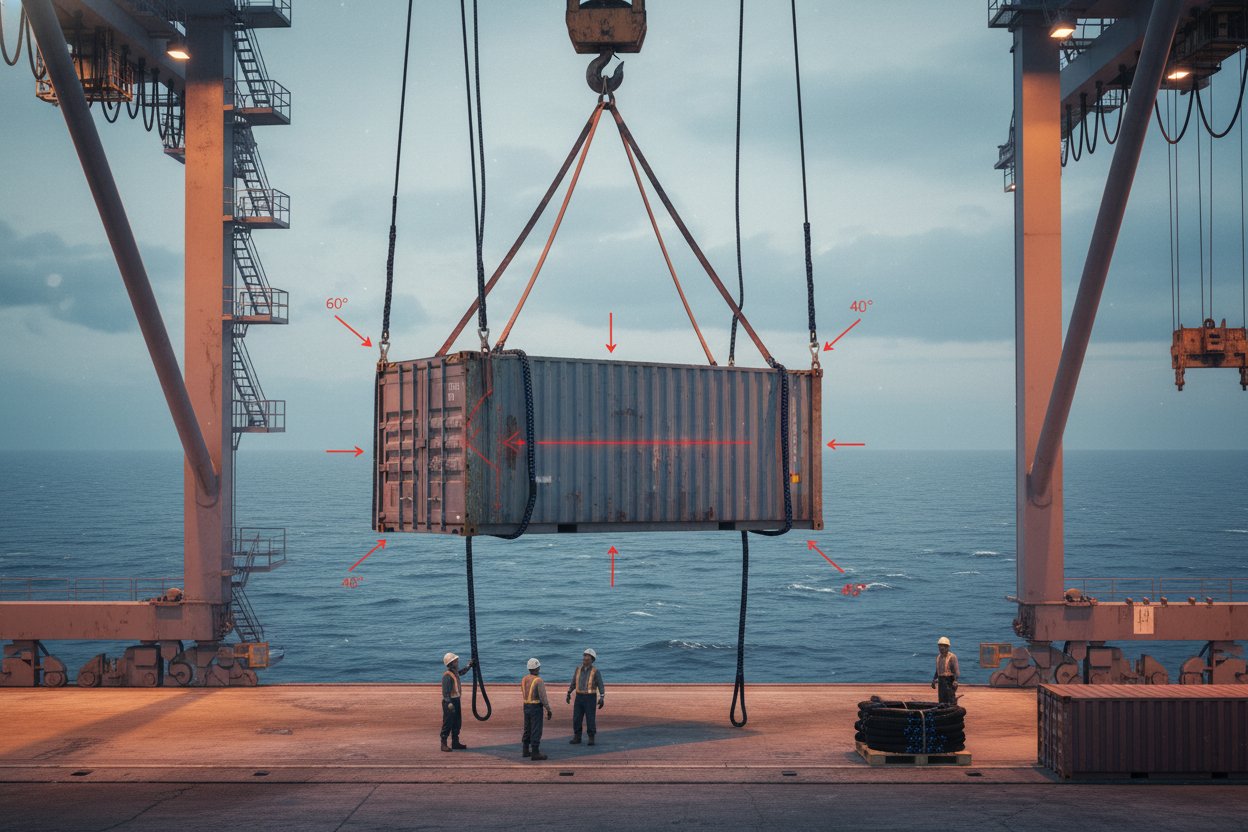 垂直、チョーカー、バスケットヒッチのウェブスリングを図示、60度と45度の角度で海洋貨物リフトの荷重矢印が張力分布を示し、青と灰色のトーンで海の背景にロープが張る