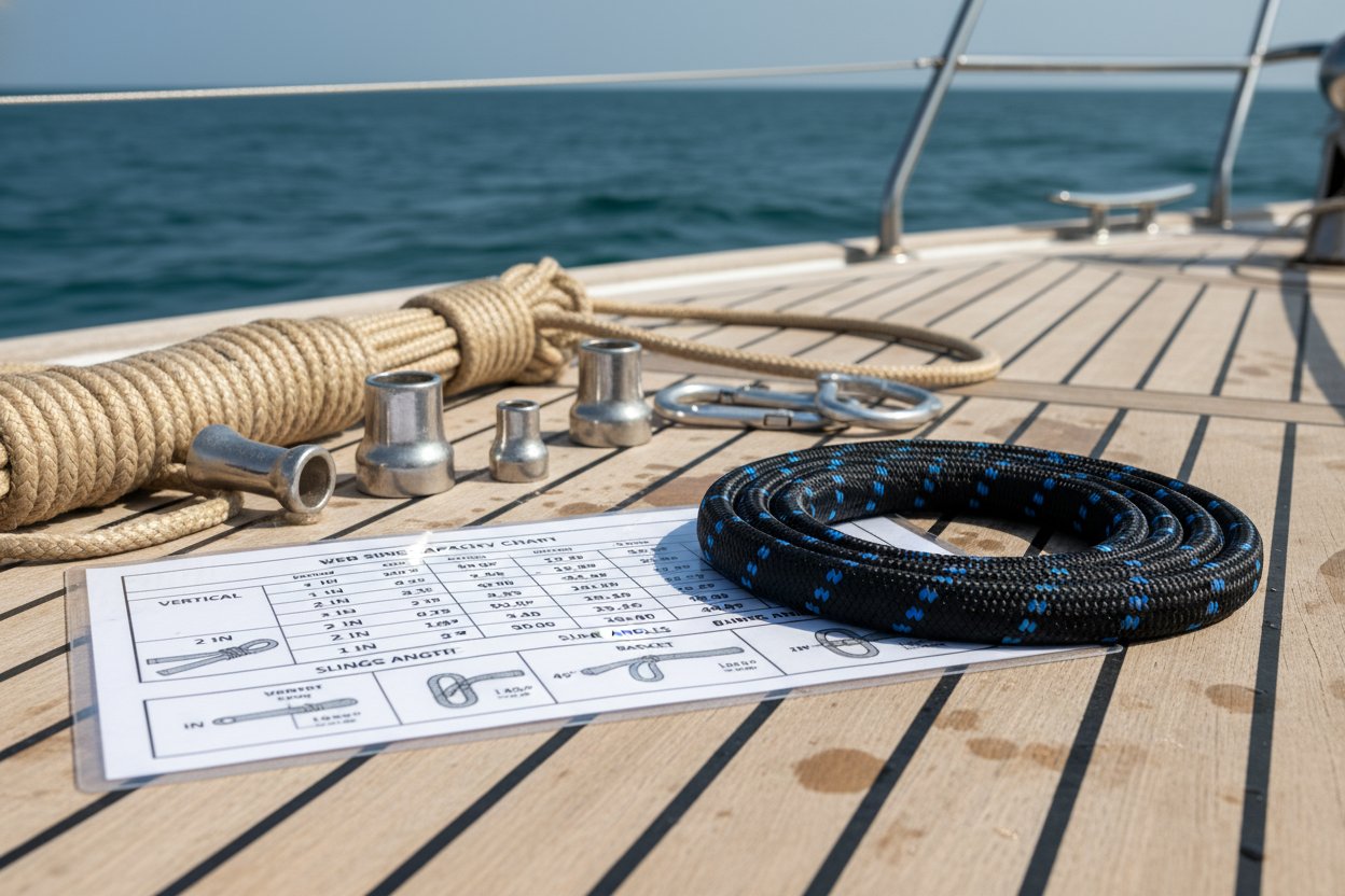 ヨットデッキのラミネートシート上のウェブスリング耐荷重チャート抜粋、リギングツール横に幅行とヒッチ・角度列を示し、海の波がぼやけた海洋設定