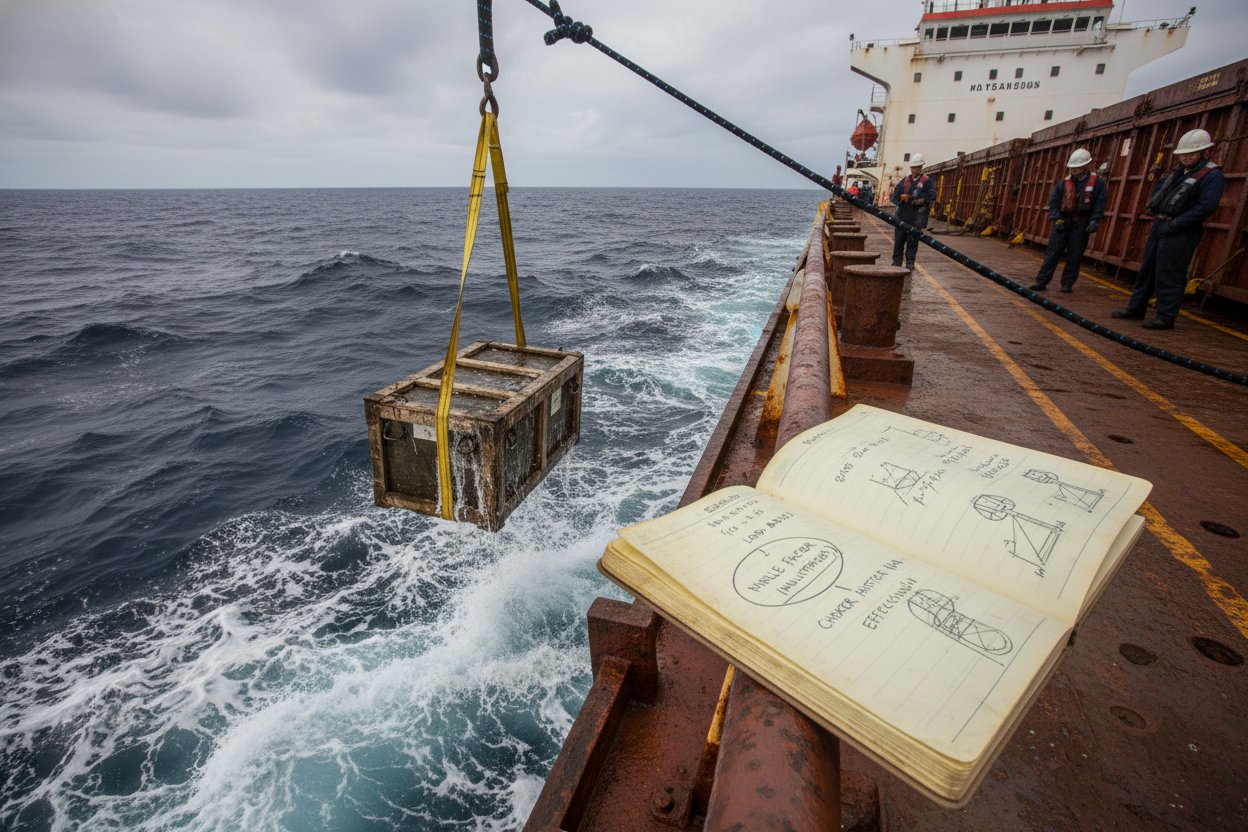 海洋デッキでのウェブスリング耐荷重計算のステップバイステップ図、45度で張ったスリング横のノートに落書きされた式、波から貨物をリフトし、角度係数とヒッチ調整の注釈、風雨にさらされた実践設定