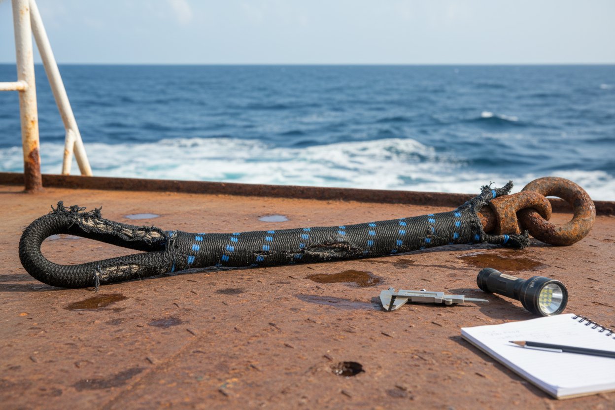 Detailed view of a web sling during marine inspection, revealing cuts, abrasion marks, and corroded hardware on a ship's deck with ocean backdrop and tools nearby