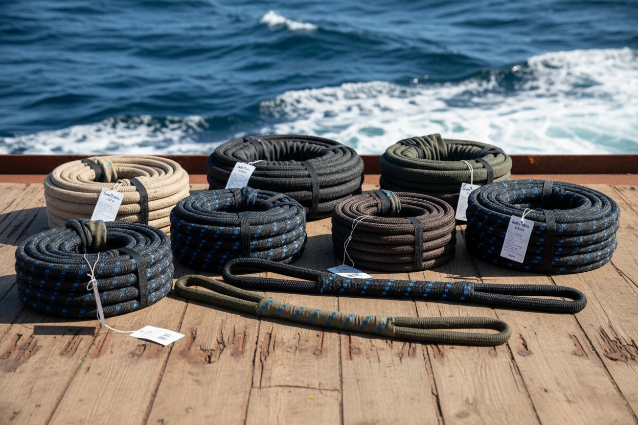 Primo piano di varie cinghie in webbing iRopes in nylon e poliestere arrotolate su un ponte marino con onde dell'oceano sullo sfondo, che mostrano anelli, design endless e protezioni, in un contesto di mare blu.