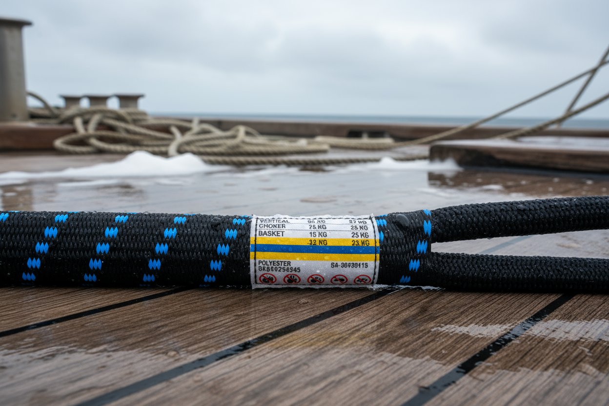 Primo piano di una targhetta di cinghia in webbing iRopes attaccata a una cinghia in poliestere su un ponte marino bagnato, mostrando capacità stampate chiare per verticali, strozzatura e cesta, strisce codificate in giallo e blu, notazione del materiale, numero seriale e icone di avvertimento contro uno sfondo di schiuma oceanica e cime.