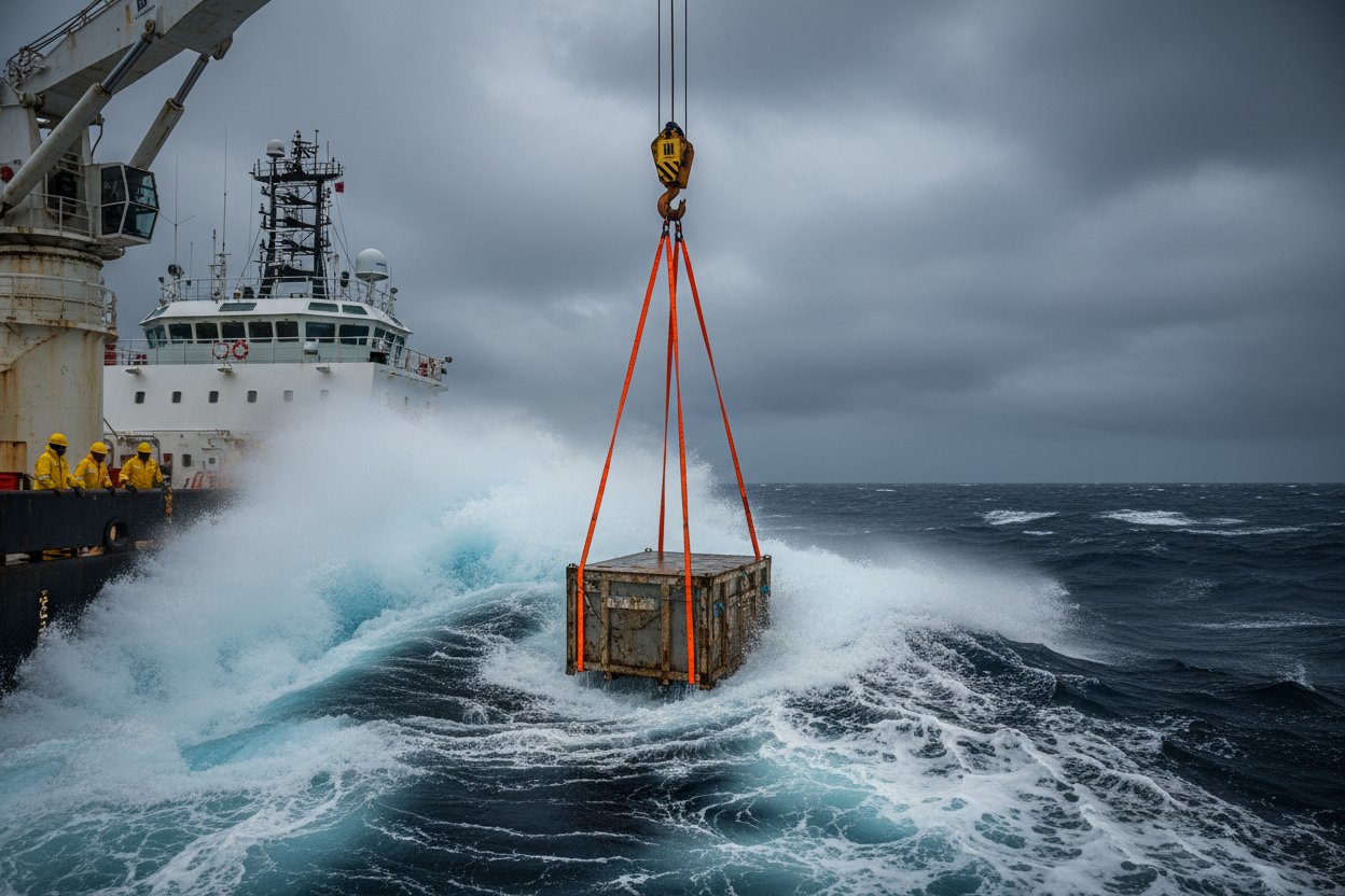 Fondale in corda sintetica UHMWPE in uso durante un sollevamento marino in tempesta, mostrando la linea galleggiante che fissa il carico in mezzo a onde che si infrangono e schiuma, con fibre arancioni brillanti che contrastano il mare scuro per la visibilità