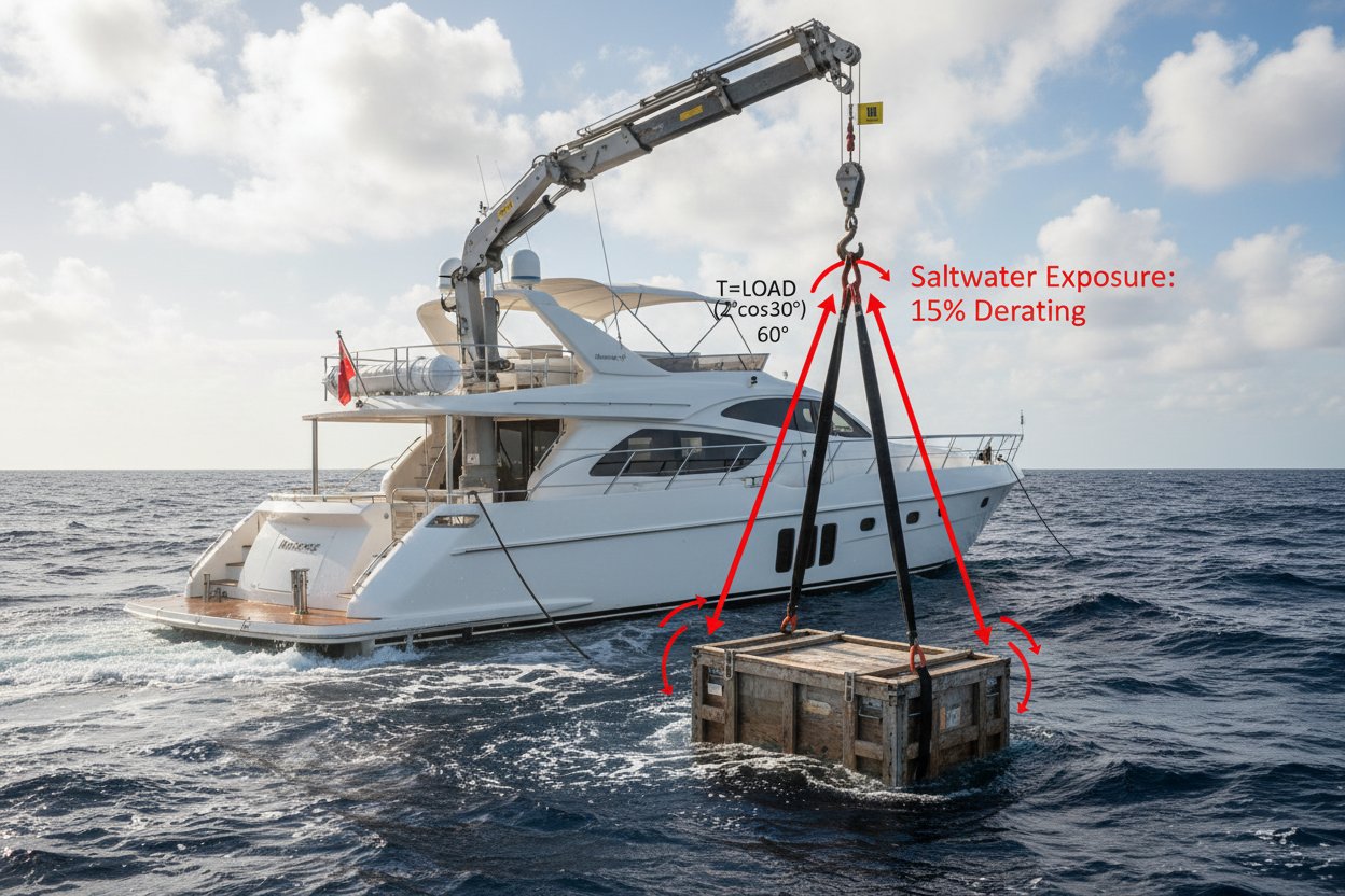 Diagram of marine lifting setup showing rope diameter, sling angle at 60 degrees with load distribution arrows, synthetic rope under tension on a yacht crane amid waves, illustrating capacity derating in real ocean scenario