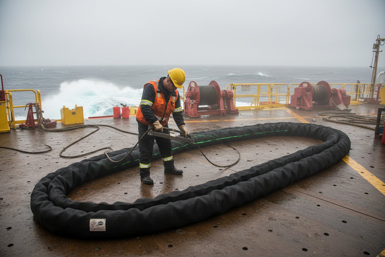 Technician performing magnetic NDT on a coiled steel lift rope on an offshore rig deck, with tools scanning for internal flaws amid ocean spray and equipment, capturing the precision of marine inspection under harsh conditions