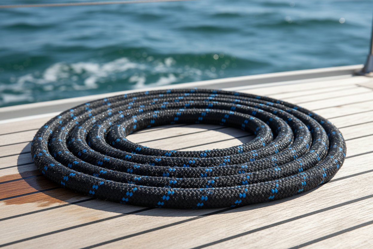 Gambaran dekat tali sling nilon yang digulung di geladak kapal, menunjukkan tekstur halus dan fleksibelnya di lingkungan air asin dengan ombak biru di latar belakang untuk konteks laut