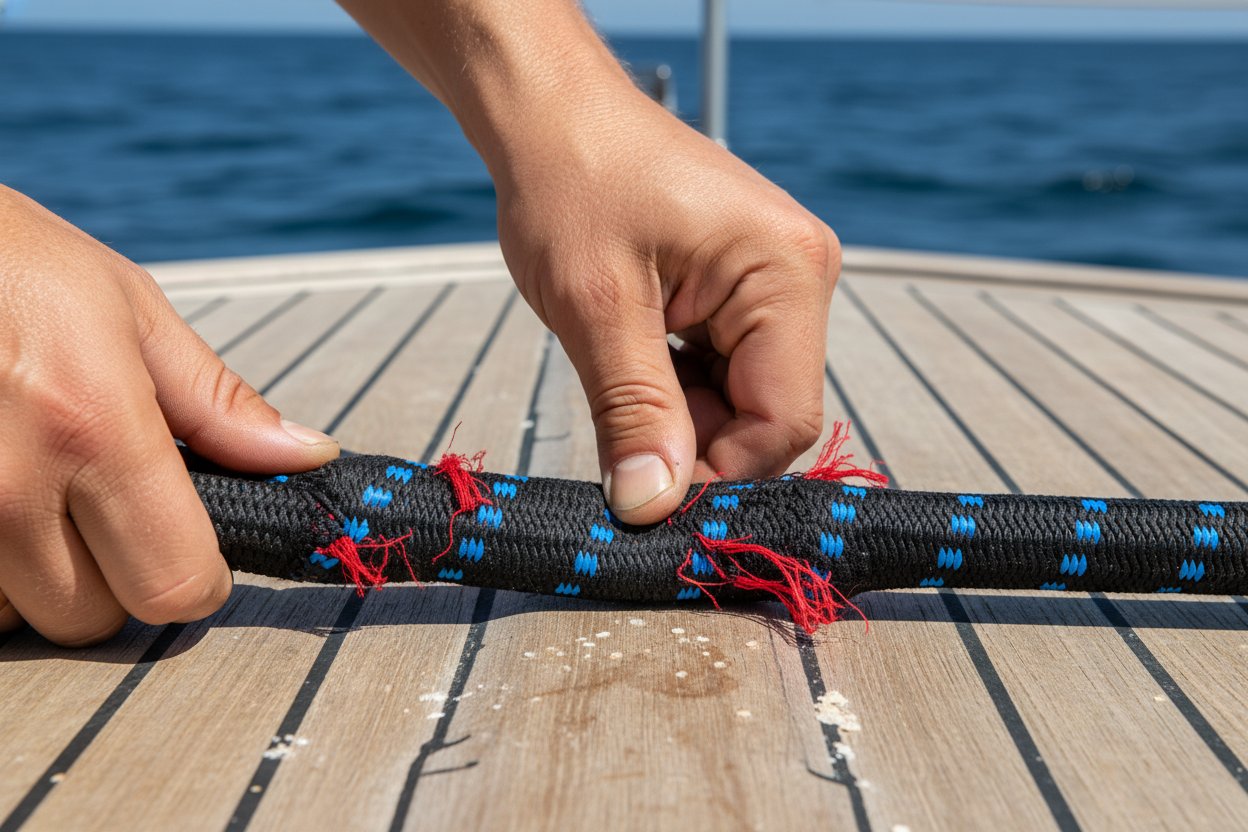 Pemeriksaan dekat tali sling nilon di geladak kapal, tangan memeriksa potongan, serat merah, dan kekakuan UV di bawah sinar matahari dengan cakrawala laut terlihat, menyoroti pemeriksaan khusus laut