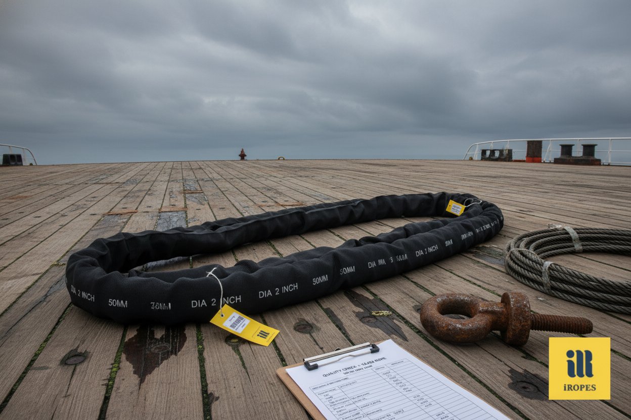 Coiled sling rope in polyester on a ship deck with diameter markings and length tags visible, surrounded by marine tools like shackles and winches under a cloudy sky, emphasizing customizable specs for procurement.