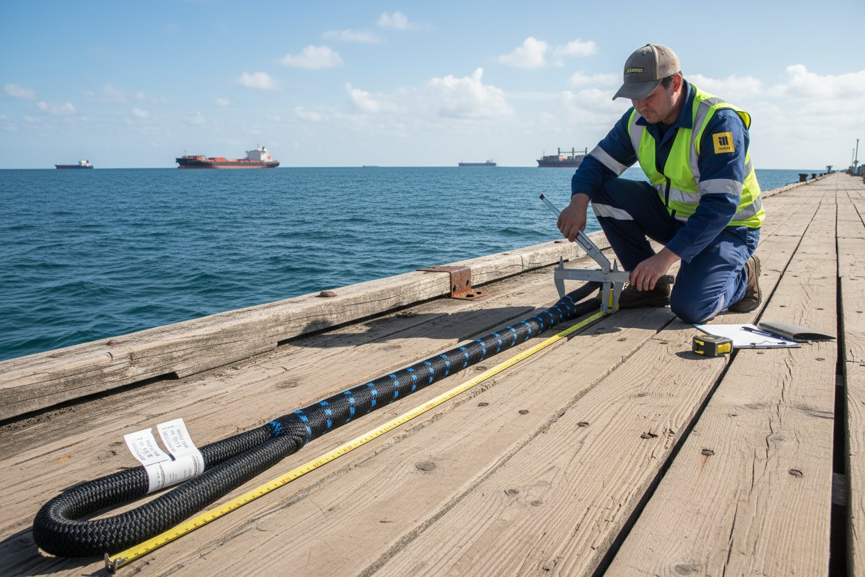 Customized sling endless with reflective elements and branded jacket being inspected on a marine dock, showing diameter measurement tools and compliance tags under natural light with ocean backdrop
