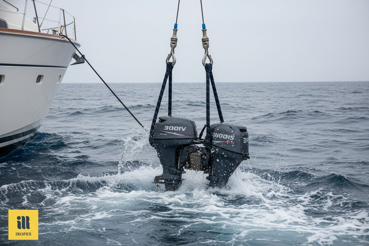নৌকার উত্তোলনের জন্য দুই পায়ের স্লিং ব্যবহারের ইলাস্ট্রেশন যাতে পাগুলো নৌকার সরঞ্জামে যুক্ত অস্থির সমুদ্রের উপর রিগিং লাইন এবং হুক দৃশ্যমান নীল জল এবং সাদা ঢেউয়ের বিরুদ্ধে