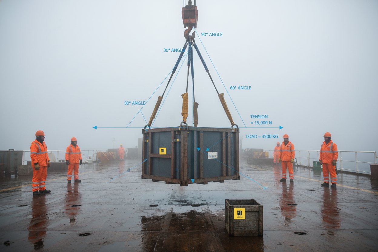 Diagram menunjukkan sudut sling dan ketegangan beban dalam pengaturan rigging laut dengan dek kapal dan peti kargo, menyoroti posisi 30, 60, dan 90 derajat dalam nada biru di bawah langit mendung