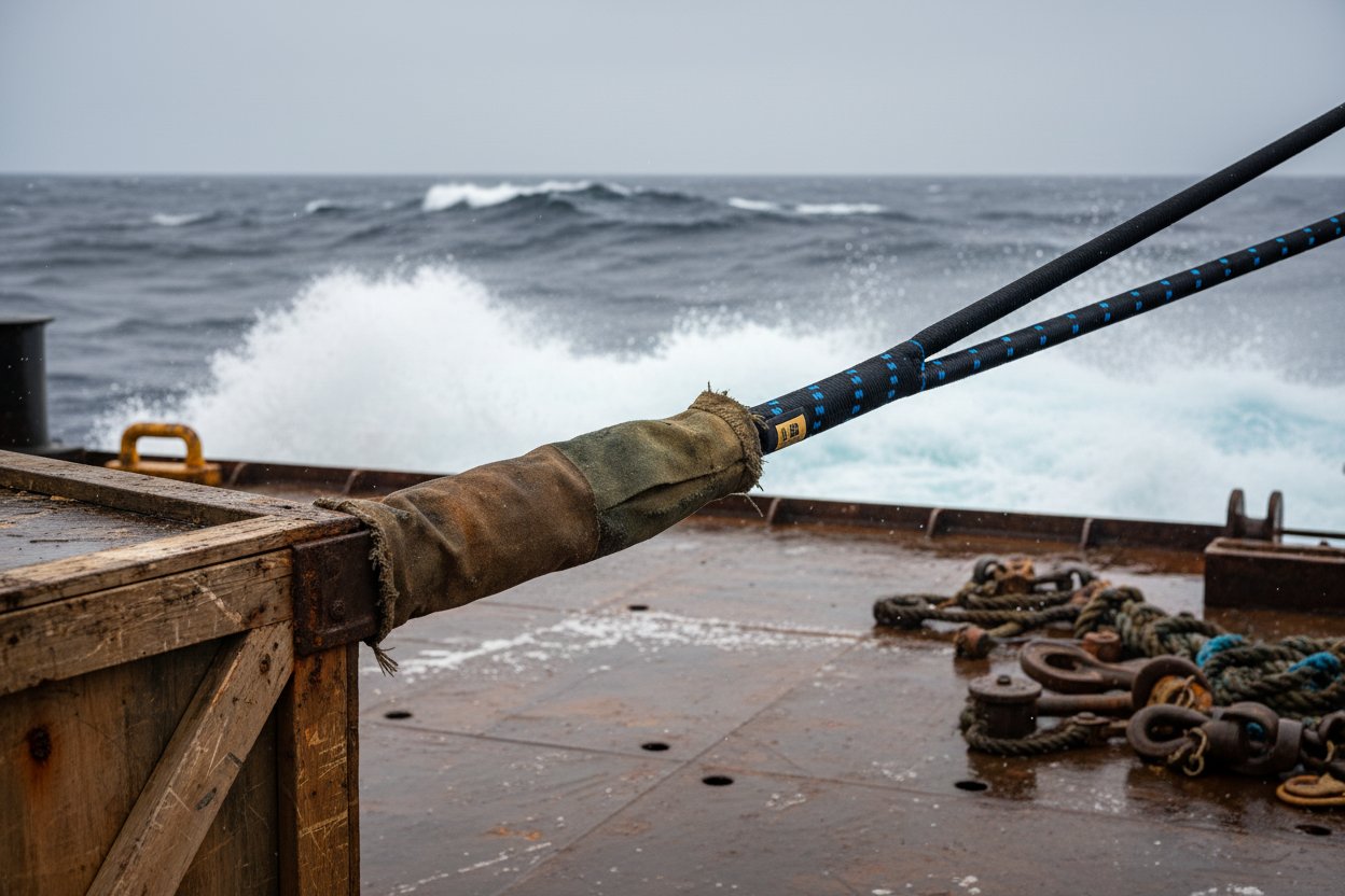 Bantalan anti-gesek sling diterapkan pada sling kontinu selama pengangkatan laut, menunjukkan bagian berlapis melindungi dari tepi kargo tajam di dek kapal dengan ombak samudra di latar belakang, dalam nada kain tahan lama