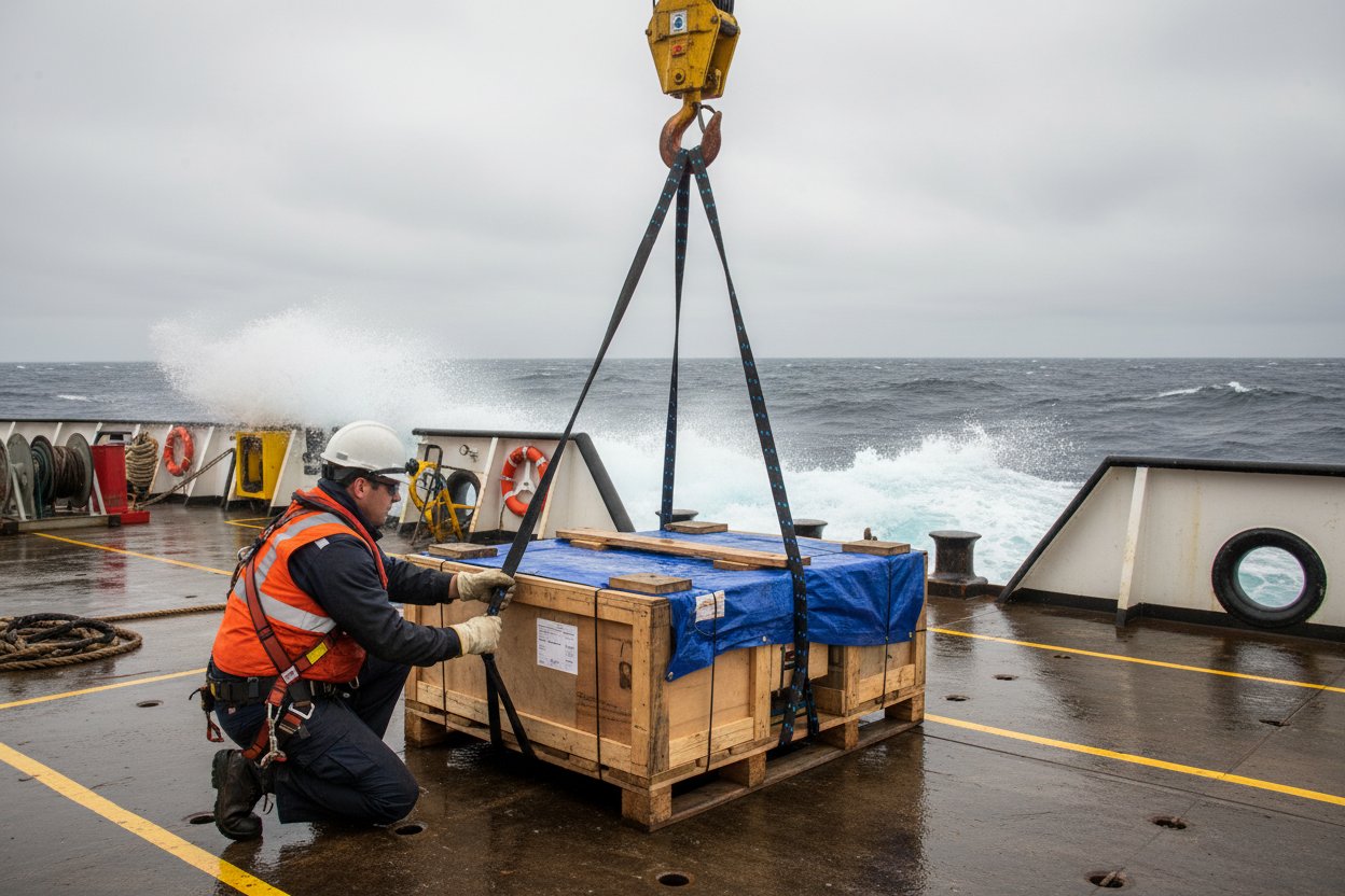 Rigger menerapkan ikatan bridle dengan sling kontinu pada kapal komersial selama transfer laut darat, menunjukkan beberapa kaki mengamankan kargo terhadap ombak di latar belakang laut abu-abu dengan peralatan keselamatan terlihat