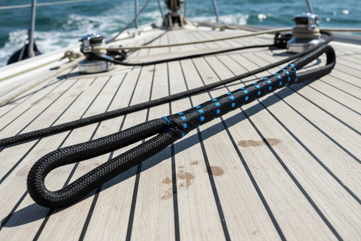 ダイニーマ繊維の12-strand編組スリングのクローズアップ、青い色合いのきつい織り目を、海の波とボートの索具を背景に