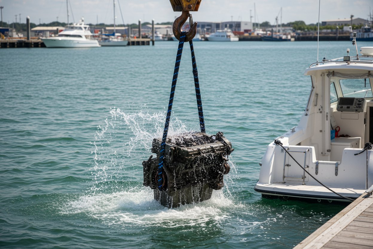 ねじれ目構成の二重目スリングが水から海洋エンジンを吊り上げ、ポリエステルウェビングの補強ステッチとフックにかかる目を、飛び散る波の中で